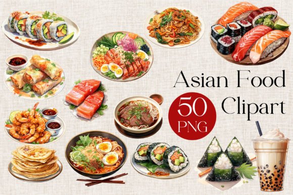 50 Watercolor Asian Food Clipart for Creatives