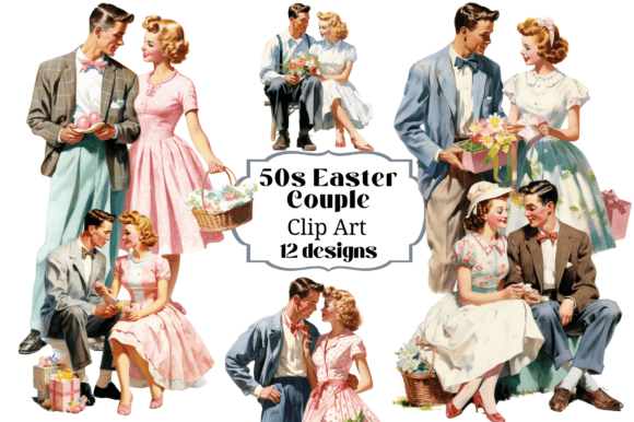 Reviving Mid-Century Romance: The Creative Power of 12 Vintage 50s Easter Couple Clip Art