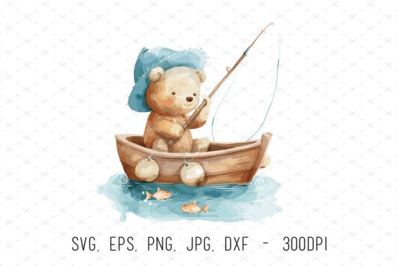Watercolor Nursery Baby Bear Fishing SVG